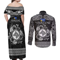 Personalized Merionethshire Meirionnydd Couples Matching Off Shoulder Maxi Dress and Long Sleeve Button Shirt Black Wolf Celtic-inspired - Wonder Print Shop
