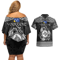 Personalized Merionethshire Meirionnydd Couples Matching Off Shoulder Short Dress and Hawaiian Shirt Black Wolf Celtic-inspired - Wonder Print Shop