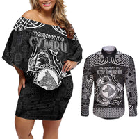 Personalized Merionethshire Meirionnydd Couples Matching Off Shoulder Short Dress and Long Sleeve Button Shirt Black Wolf Celtic-inspired - Wonder Print Shop