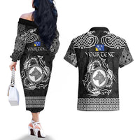 Personalized Merionethshire Meirionnydd Couples Matching Off The Shoulder Long Sleeve Dress and Hawaiian Shirt Black Wolf Celtic-inspired - Wonder Print Shop