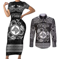Personalized Merionethshire Meirionnydd Couples Matching Short Sleeve Bodycon Dress and Long Sleeve Button Shirt Black Wolf Celtic-inspired - Wonder Print Shop