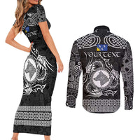 Personalized Merionethshire Meirionnydd Couples Matching Short Sleeve Bodycon Dress and Long Sleeve Button Shirt Black Wolf Celtic-inspired - Wonder Print Shop