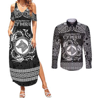 Personalized Merionethshire Meirionnydd Couples Matching Summer Maxi Dress and Long Sleeve Button Shirt Black Wolf Celtic-inspired - Wonder Print Shop
