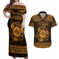 Personalized Merionethshire Meirionnydd Couples Matching Off Shoulder Maxi Dress and Hawaiian Shirt Gold Wolf Celtic-inspired - Wonder Print Shop