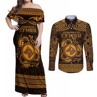 Personalized Merionethshire Meirionnydd Couples Matching Off Shoulder Maxi Dress and Long Sleeve Button Shirt Gold Wolf Celtic-inspired - Wonder Print Shop