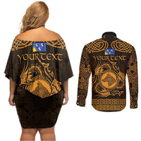 Personalized Merionethshire Meirionnydd Couples Matching Off Shoulder Short Dress and Long Sleeve Button Shirt Gold Wolf Celtic-inspired - Wonder Print Shop