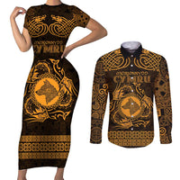 Personalized Merionethshire Meirionnydd Couples Matching Short Sleeve Bodycon Dress and Long Sleeve Button Shirt Gold Wolf Celtic-inspired - Wonder Print Shop