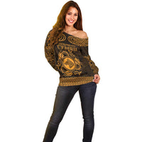 Personalized Merionethshire Meirionnydd Off Shoulder Sweater Gold Wolf Celtic-inspired - Wonder Print Shop