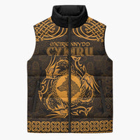 Personalized Merionethshire Meirionnydd Sleeveless Puffer Jacket Gold Wolf Celtic-inspired - Wonder Print Shop
