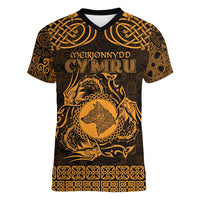 Personalized Merionethshire Meirionnydd Women V-Neck T-Shirt Gold Wolf Celtic-inspired - Wonder Print Shop