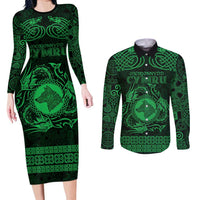 Personalized Merionethshire Meirionnydd Couples Matching Long Sleeve Bodycon Dress and Long Sleeve Button Shirt Green Wolf Celtic-inspired - Wonder Print Shop