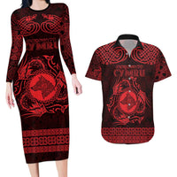 Personalized Merionethshire Meirionnydd Couples Matching Long Sleeve Bodycon Dress and Hawaiian Shirt Red Wolf Celtic-inspired - Wonder Print Shop