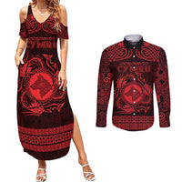 Personalized Merionethshire Meirionnydd Couples Matching Summer Maxi Dress and Long Sleeve Button Shirt Red Wolf Celtic-inspired - Wonder Print Shop