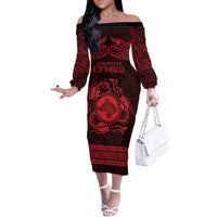 Personalized Merionethshire Meirionnydd Off The Shoulder Long Sleeve Dress Red Wolf Celtic-inspired - Wonder Print Shop