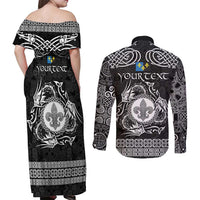 Personalized Monmouthshire Sir Fynwy Couples Matching Off Shoulder Maxi Dress and Long Sleeve Button Shirt Black Fleur-de-lis Celtic-inspired - Wonder Print Shop