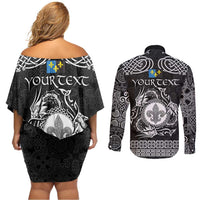 Personalized Monmouthshire Sir Fynwy Couples Matching Off Shoulder Short Dress and Long Sleeve Button Shirt Black Fleur-de-lis Celtic-inspired - Wonder Print Shop