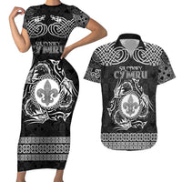Personalized Monmouthshire Sir Fynwy Couples Matching Short Sleeve Bodycon Dress and Hawaiian Shirt Black Fleur-de-lis Celtic-inspired - Wonder Print Shop