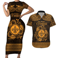 Personalized Monmouthshire Sir Fynwy Couples Matching Short Sleeve Bodycon Dress and Hawaiian Shirt Gold Fleur-de-lis Celtic-inspired - Wonder Print Shop