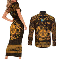 Personalized Monmouthshire Sir Fynwy Couples Matching Short Sleeve Bodycon Dress and Long Sleeve Button Shirt Gold Fleur-de-lis Celtic-inspired - Wonder Print Shop