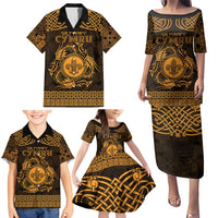 Personalized Monmouthshire Sir Fynwy Family Matching Puletasi and Hawaiian Shirt Gold Fleur-de-lis Celtic-inspired - Wonder Print Shop