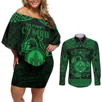 Personalized Monmouthshire Sir Fynwy Couples Matching Off Shoulder Short Dress and Long Sleeve Button Shirt Green Fleur-de-lis Celtic-inspired - Wonder Print Shop