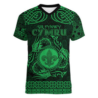 Personalized Monmouthshire Sir Fynwy Women V-Neck T-Shirt Green Fleur-de-lis Celtic-inspired - Wonder Print Shop