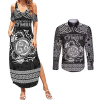 Personalized Montgomeryshire Sir Drefaldwyn Couples Matching Summer Maxi Dress and Long Sleeve Button Shirt Black Water Triskele Celtic-inspired - Wonder Print Shop