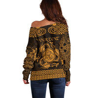 Personalized Montgomeryshire Sir Drefaldwyn Off Shoulder Sweater Gold Water Triskele Celtic-inspired - Wonder Print Shop