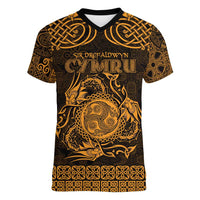 Personalized Montgomeryshire Sir Drefaldwyn Women V-Neck T-Shirt Gold Water Triskele Celtic-inspired - Wonder Print Shop