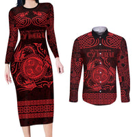 Personalized Montgomeryshire Sir Drefaldwyn Couples Matching Long Sleeve Bodycon Dress and Long Sleeve Button Shirt Red Water Triskele Celtic-inspired - Wonder Print Shop