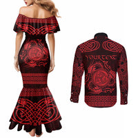 Personalized Montgomeryshire Sir Drefaldwyn Couples Matching Mermaid Dress and Long Sleeve Button Shirt Red Water Triskele Celtic-inspired - Wonder Print Shop