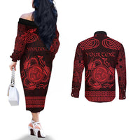 Personalized Montgomeryshire Sir Drefaldwyn Couples Matching Off The Shoulder Long Sleeve Dress and Long Sleeve Button Shirt Red Water Triskele Celtic-inspired - Wonder Print Shop