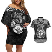 Personalized Pembrokeshire Sir Benfro Couples Matching Off Shoulder Short Dress and Hawaiian Shirt Black Puffin Celtic-inspired - Wonder Print Shop