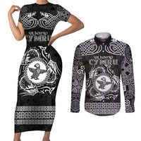Personalized Pembrokeshire Sir Benfro Couples Matching Short Sleeve Bodycon Dress and Long Sleeve Button Shirt Black Puffin Celtic-inspired - Wonder Print Shop