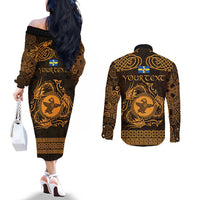Personalized Pembrokeshire Sir Benfro Couples Matching Off The Shoulder Long Sleeve Dress and Long Sleeve Button Shirt Gold Puffin Celtic-inspired - Wonder Print Shop