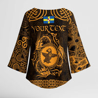 Personalized Pembrokeshire Sir Benfro Kimono Sleeve Blouse Gold Puffin Celtic-inspired - Wonder Print Shop