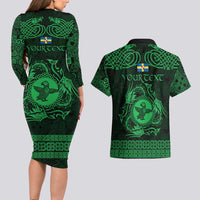 Personalized Pembrokeshire Sir Benfro Couples Matching Long Sleeve Bodycon Dress and Hawaiian Shirt Green Puffin Celtic-inspired - Wonder Print Shop