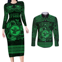 Personalized Pembrokeshire Sir Benfro Couples Matching Long Sleeve Bodycon Dress and Long Sleeve Button Shirt Green Puffin Celtic-inspired - Wonder Print Shop