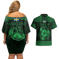 Personalized Pembrokeshire Sir Benfro Couples Matching Off Shoulder Short Dress and Hawaiian Shirt Green Puffin Celtic-inspired - Wonder Print Shop