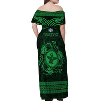 Personalized Pembrokeshire Sir Benfro Off Shoulder Maxi Dress Green Puffin Celtic-inspired - Wonder Print Shop