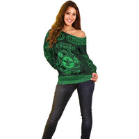 Personalized Pembrokeshire Sir Benfro Off Shoulder Sweater Green Puffin Celtic-inspired - Wonder Print Shop