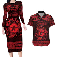 Personalized Pembrokeshire Sir Benfro Couples Matching Long Sleeve Bodycon Dress and Hawaiian Shirt Red Puffin Celtic-inspired - Wonder Print Shop