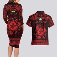 Personalized Pembrokeshire Sir Benfro Couples Matching Long Sleeve Bodycon Dress and Hawaiian Shirt Red Puffin Celtic-inspired - Wonder Print Shop