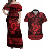 Personalized Pembrokeshire Sir Benfro Couples Matching Off Shoulder Maxi Dress and Hawaiian Shirt Red Puffin Celtic-inspired - Wonder Print Shop