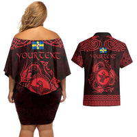 Personalized Pembrokeshire Sir Benfro Couples Matching Off Shoulder Short Dress and Hawaiian Shirt Red Puffin Celtic-inspired - Wonder Print Shop