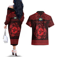 Personalized Pembrokeshire Sir Benfro Couples Matching Off The Shoulder Long Sleeve Dress and Hawaiian Shirt Red Puffin Celtic-inspired - Wonder Print Shop