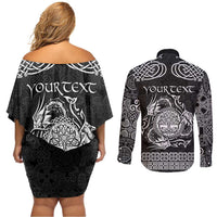 Personalized Radnorshire Sir Faesyfed Couples Matching Off Shoulder Short Dress and Long Sleeve Button Shirt Black Oak Tree Of Life Celtic-inspired - Wonder Print Shop