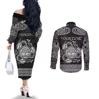 Personalized Radnorshire Sir Faesyfed Couples Matching Off The Shoulder Long Sleeve Dress and Long Sleeve Button Shirt Black Oak Tree Of Life Celtic-inspired - Wonder Print Shop