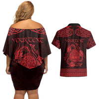 Personalized Radnorshire Sir Faesyfed Couples Matching Off Shoulder Short Dress and Hawaiian Shirt Red Oak Tree Of Life Celtic-inspired - Wonder Print Shop
