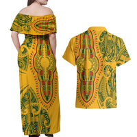 Africa Dashiki Couples Matching Off Shoulder Maxi Dress and Hawaiian Shirt African Tribal Art Mixed Polynesian Tattoo Gold Color Unique LT9 - Wonder Print Shop